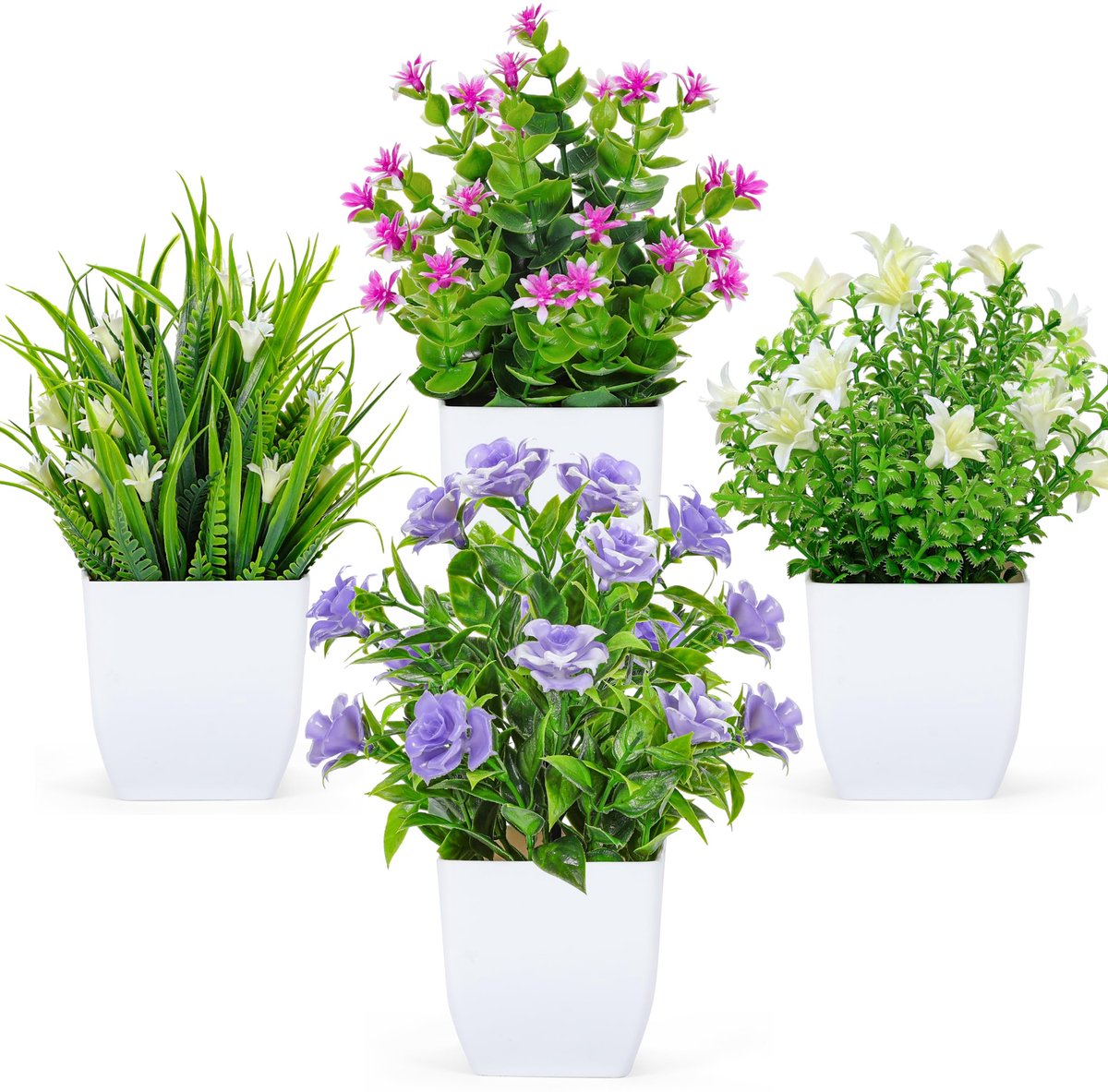 Famanu Set van 4 nepplanten, kleine groene kunstplanten met bloemen voor binnen, perfect voor thuiskantoor of badkamer decor
