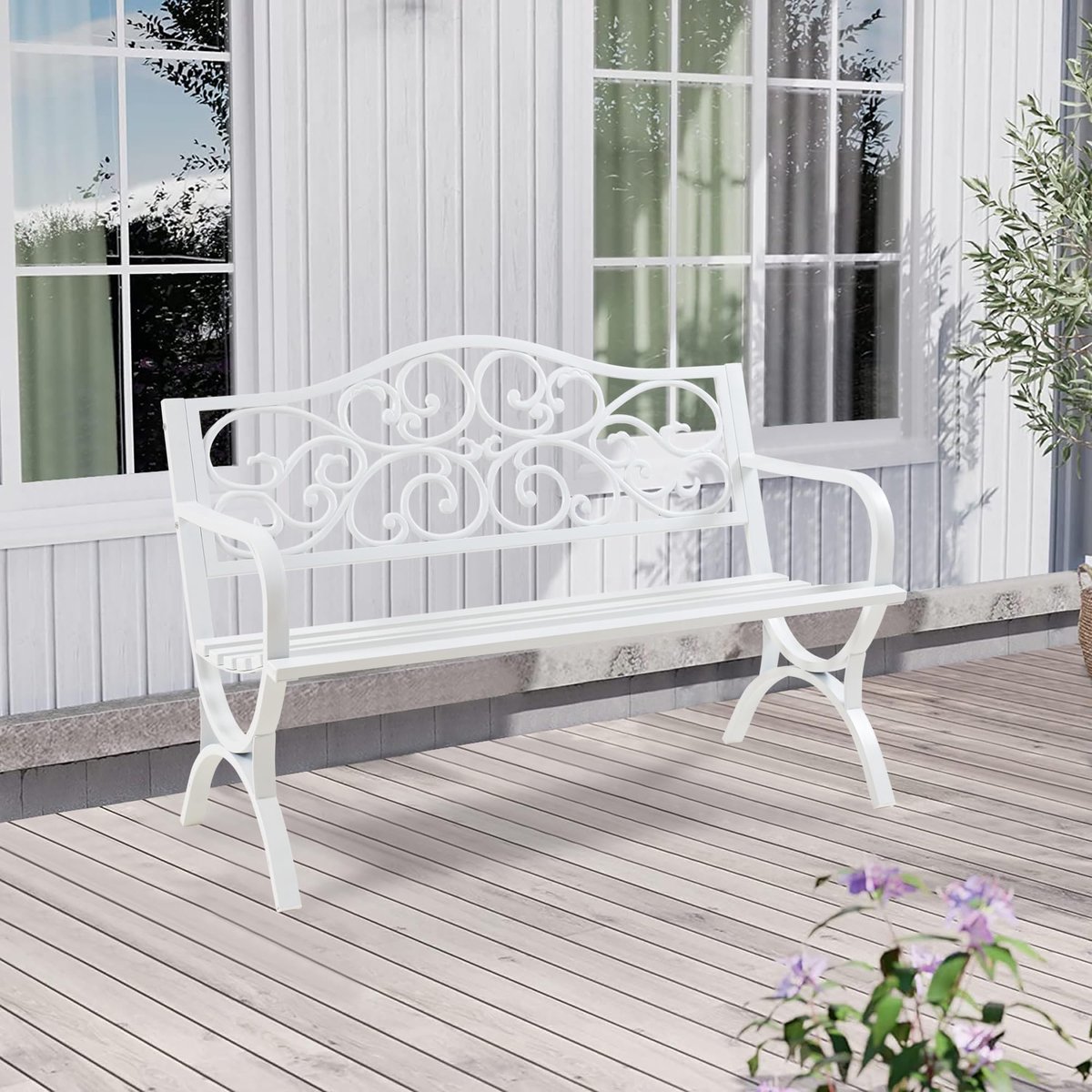 Famanu – Tuinbank van metaal met rugleuning en armleuningen, 127 x 53 x 79 cm, wit, ideaal voor buitengebruik