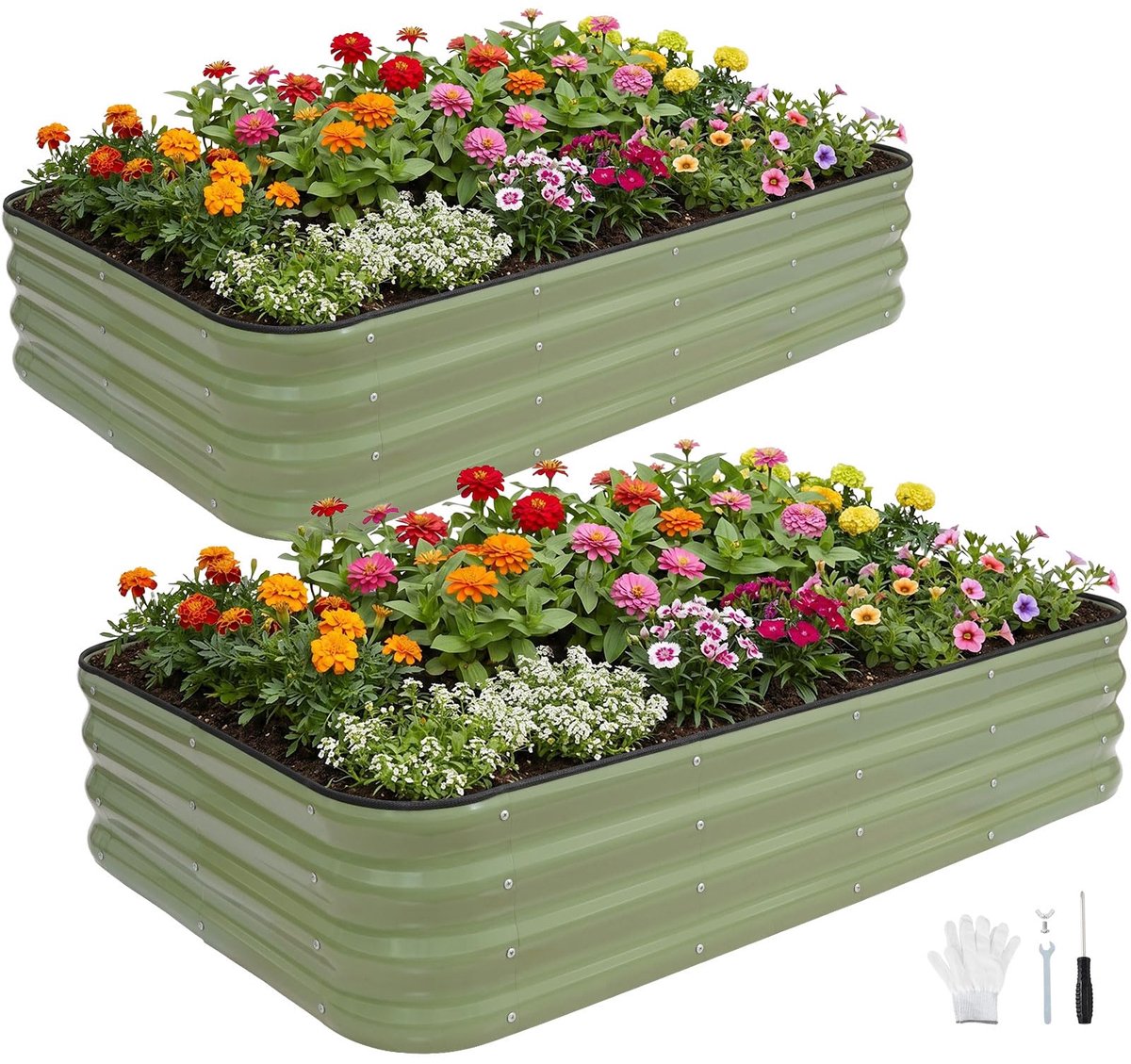 Famanu – Verstelbaar verhoogd tuinbed, 150 x 90 x 30 cm, metalen plantenbakken voor het kweken van groenten, kruiden en bloemen, olijfgroen, set van 2