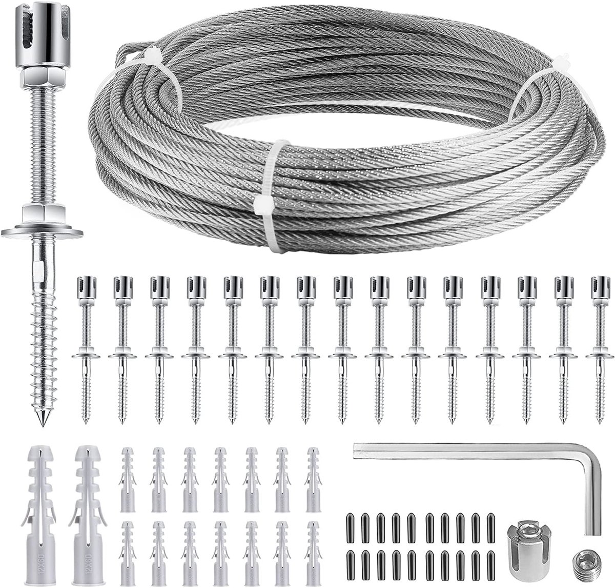 Famanu – Klimplantenstandaard van 24 m, complete set van roestvrij staal met wandhouders en 3 mm touw, 16 houders