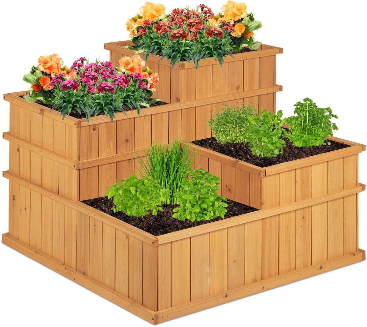 Famanu – Houten plantenbak, 4-laags, groot, voor tuin, balkon en terras, vierkante moestuinbak, afmetingen 61 x 81 x 81 cm, natuurkleur