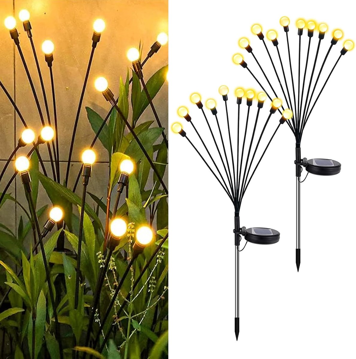 ECTEATOY® Solar Tuinverlichting - 2 stuks - 20 LED - Solar Tuinlamp met grondspies - Buitenlantaarns - vuurvliegjes - IP65 Waterdicht - Sfeerverlichting voor Tuin - Balkon - Terras