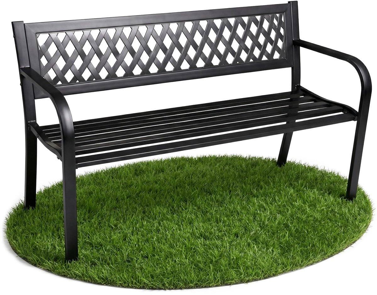Famanu – Tuinbank met stalen poten, weerbestendig en houten zitbank voor buiten, breedte 122 cm, zwart met armleuningen