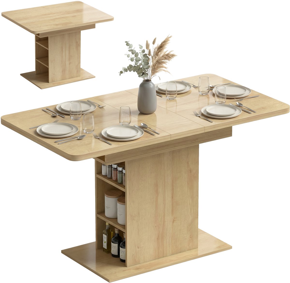 Eettafel Uitschuifbaar - keukentafel - voor 4-6 personen - met 6 open planken - natuurlijk hout