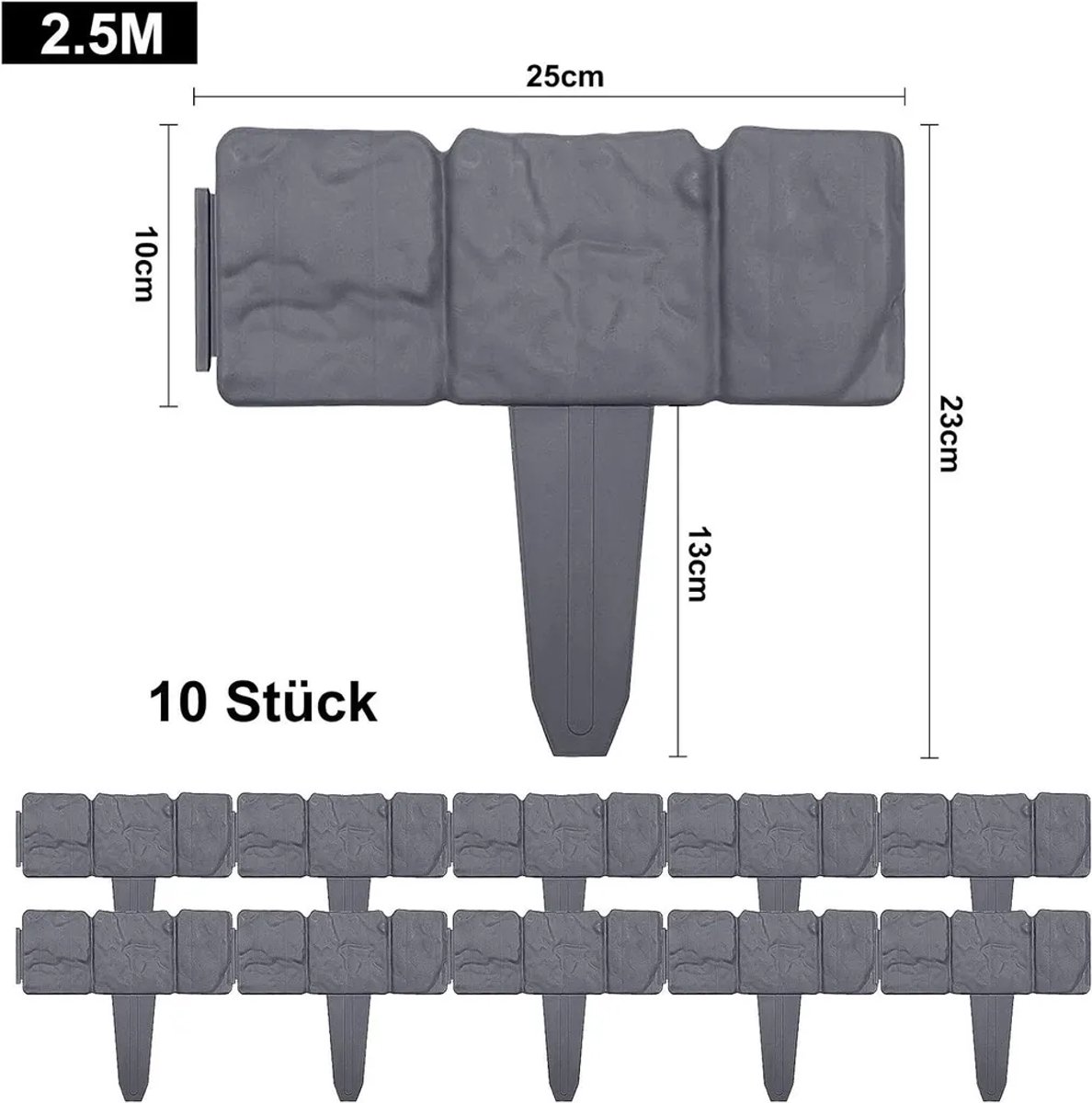 Tuinrandafwerking, gazonhek, imitatiesteenstructuur, 2,5 Geschikt voorer, 10 stuks per verpakking, antracietgrijs – decoratief, 1 stuk