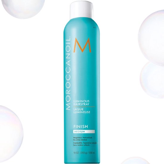 Turquoise Moroccanoil Luminous Hairspray Medium fles met oranje M logo. Weightless. Natural look.