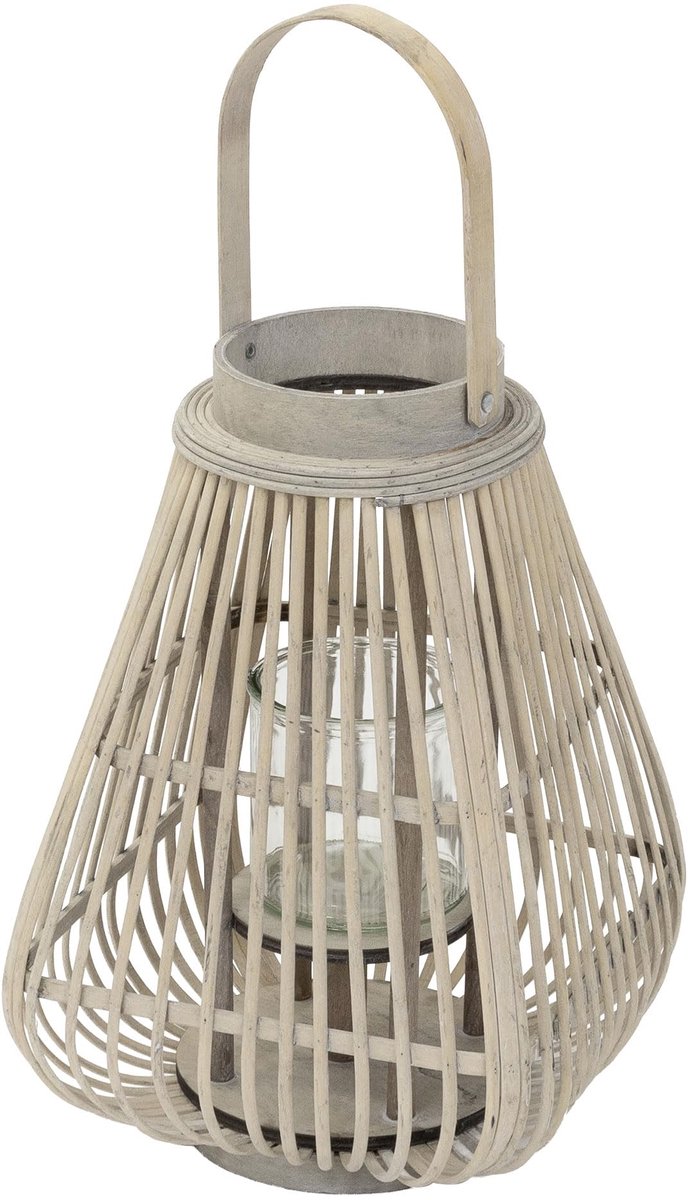 ECD Germany Bamboe Lantaarn 50 cm Groot, Houtkleur, Windlicht met Glas en Handvat, Boho Tuinlantaarn, Kaarsenhouder - ShopVlot