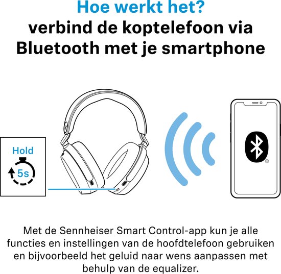 Diagram van het verbinden van de koptelefoon via Bluetooth met een smartphone met behulp van de Sennheiser Smart Control-app.