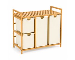 Wasmand en Wassorteerder met 4 Vakken - 150 L - Bamboe Rek met Uittrekbare Waszakken en Legplank - Beige