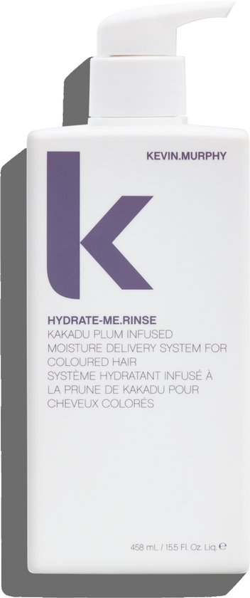 Flacon KEVIN.MURPHY Hydrate-Me Rinse blanc avec logo K violet et texte.