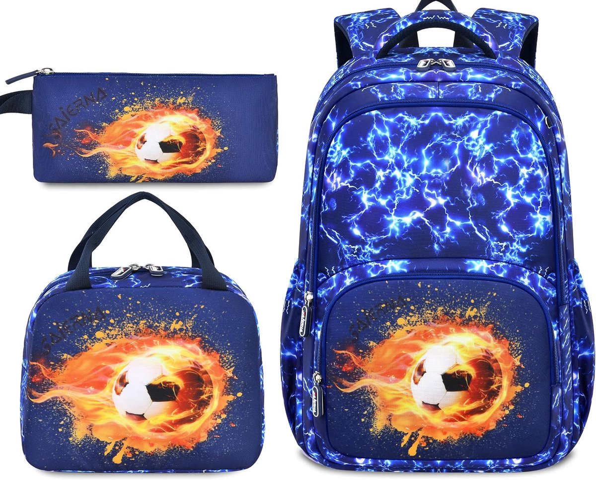 Rugzakset voor jongens, 3 stuks, leeftijd 6-12 jaar, schoolrugzak voor kinderen, met lunchtas en etui, lichtgewicht waterbestendige schooltas voor basisschool- en middelbare scholieren, Flame Soccer Blue