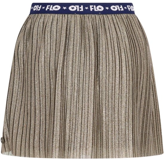 Gouden geplooide rok met elastische tailleband met "FLO" logo.