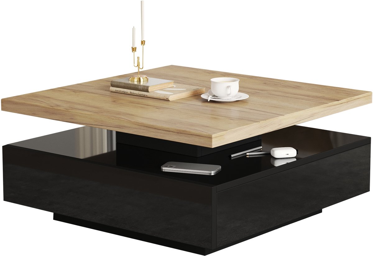 Ropilly Vierkante salontafel - Draaibare salontafel - 360 graden draaibaar - Met verborgen lade - 30 kg draagvermogen - Woonkamer - 70x70x36cm - Walnoot en zwart Notenhout