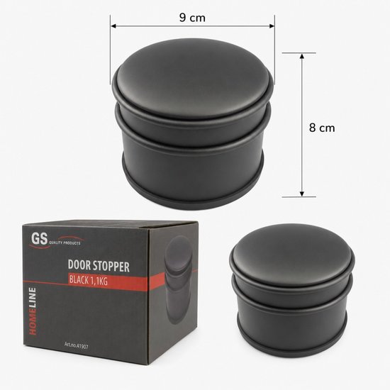 Zwarte deurstopper met afmetingen 9 cm breed en 8 cm hoog, naast de verpakking.