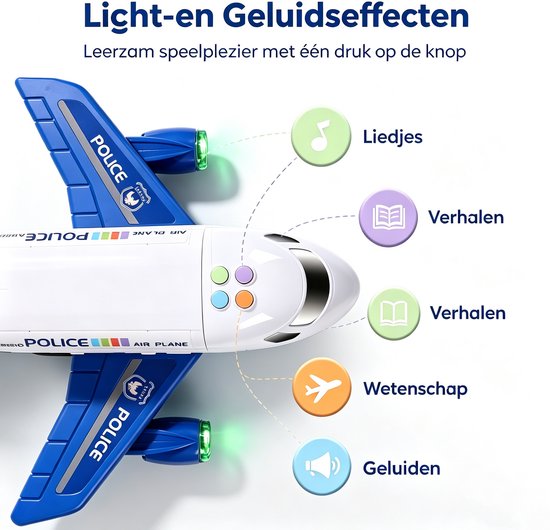 Speelgoed Vliegtuig - Transportvliegtuig - Transportvliegtuig met baan - LED Verlichting en Geluid + 6 Bouwvoertuigen - Blauw van Merkloos — afbeelding 2