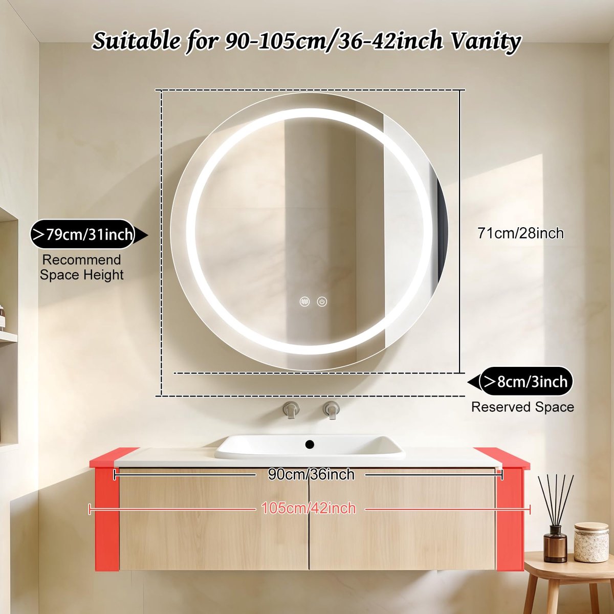 Janboe 71cm ronde spiegelkast met verlichting, met ontdooier, dimbaar, anti-mist, 3 kleuren, wit - ShopVlot