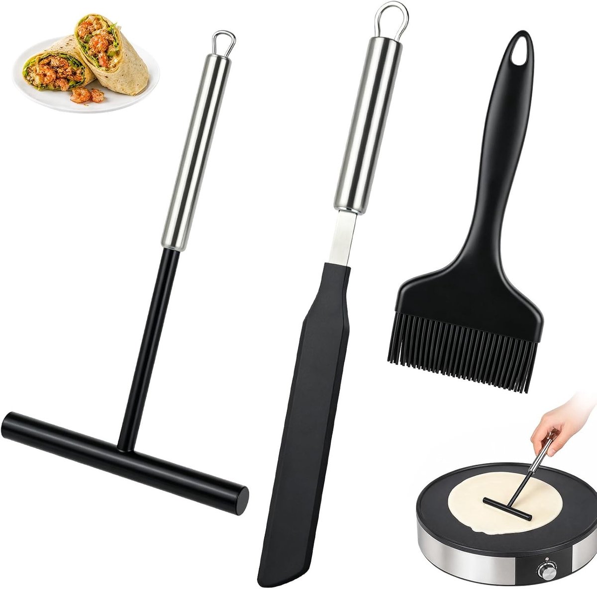 Crêpe- en Spatelset - Zwart - 20 x 12 x 1,2 cm - Roestvrijstalen Crêpespatel met Siliconen Bakkwast - Voor Thuisbakken