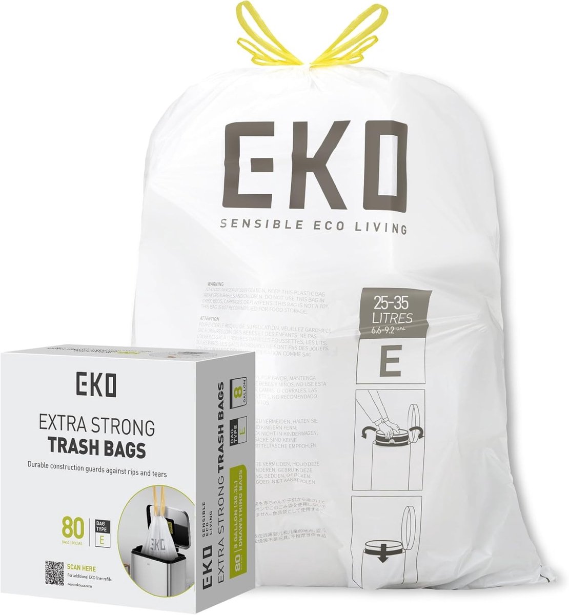 Vuilniszakken - Wit - 8-9,5 Gallon - Extra Sterke Trekkoord - Voor Keukenafval