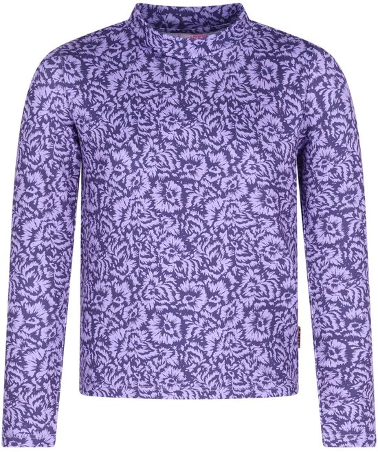 Paars T-shirt met lange mouwen en opstaande kraag, versierd met een all-over bloemenprint.