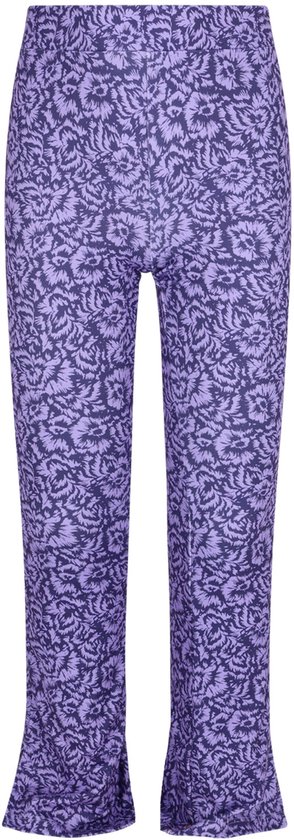 Paarse flared broek voor meisjes met een bloemenpatroon en zijsplitten.