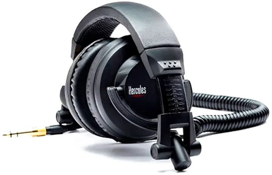 Zwarte Hercules DJ koptelefoon met gedetailleerd logo en spiraalkabel met gouden adapter.