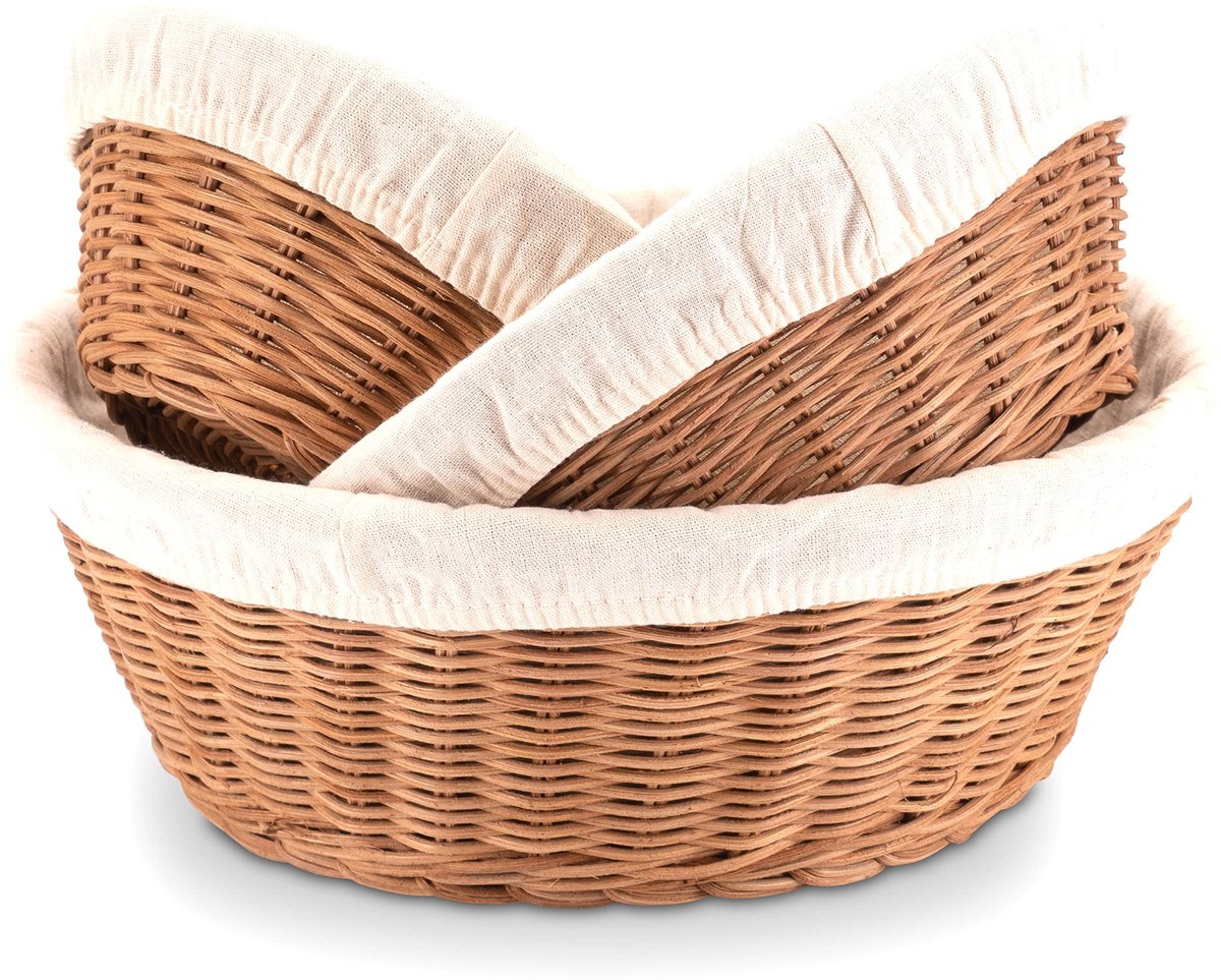 Famanu – Ronde gevlochten broodmand van rotan, set van 3 met linnen doek, ideaal voor het serveren van brood, klein en groot