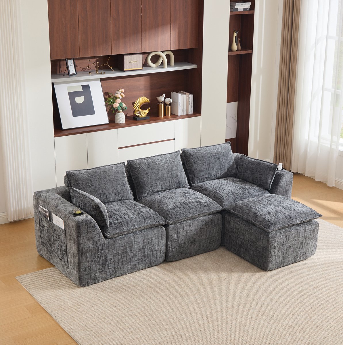 DESMIU Hoekbank 3-Zits Met Voetbank, Kussens, Bekerhouder En Zijvakken Voor Woonkamer, Modulair Comfort, Chenille, Donkergrijs