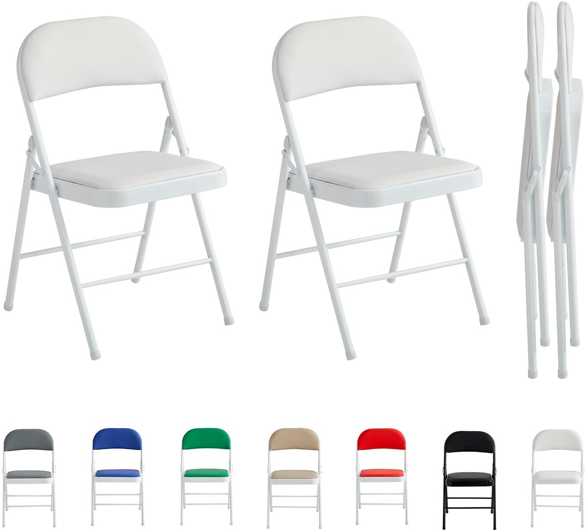 Famanu Klapstoelen van kunstleer, opvouwbare stoelen met metalen frame en gewatteerde zitting, set van 2, wit, ideaal voor thuis en kantoor