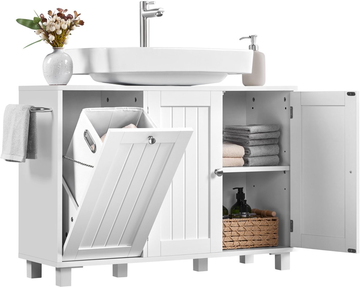 Famanu – Onderkast voor wastafel met 3 deuren, badkamerkast met wasmand, 90 x 30 x 62,5 cm, wit