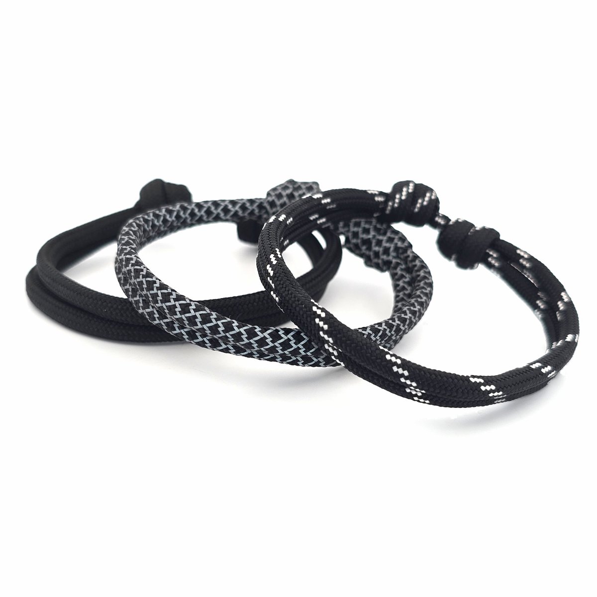 Paracord armbandjes voor heren set van 3 met verstelbare schuifknoop vanaf 17 cm in grijs en zwart met reflector