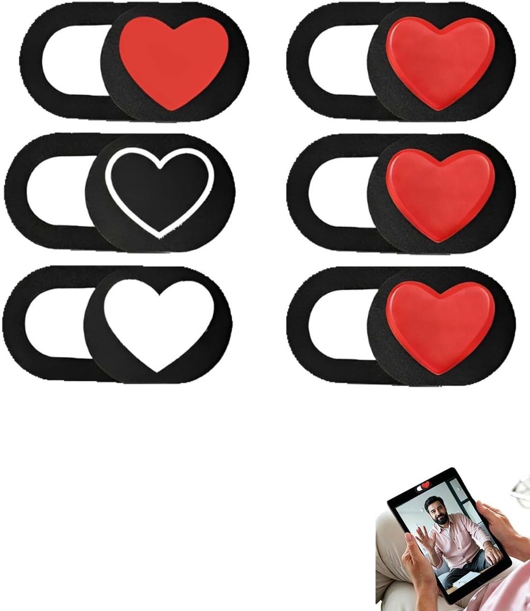 Camera privacy screen in hartvorm, ultra dun ontwerp voor laptop, computer, smartphone en tablet, bescherming van gegevens en digitale veiligheid, ideaal voor privacybewuste gebruikers.