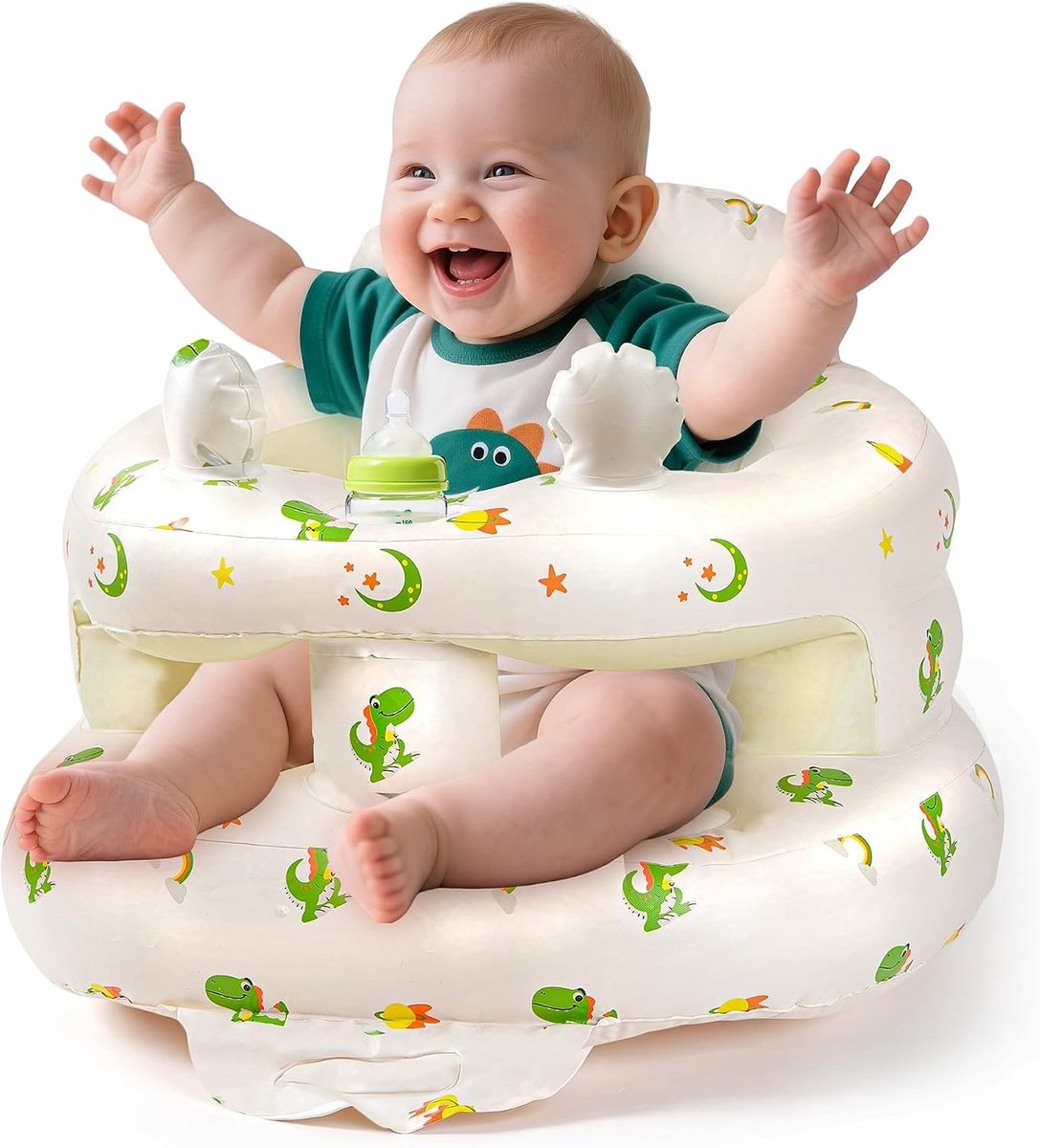 Opblaasbare Babystoel voor Kinderen van 3-36 Maanden, Zitstoel met Ondersteuning, Ideaal voor Voeden en Spelen met Schattige Dinosauruseffecten