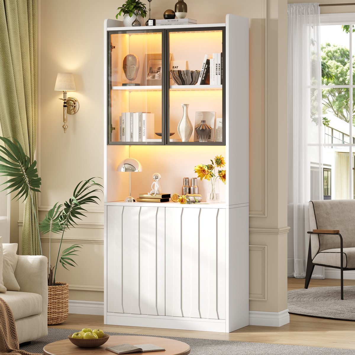FloraGrace Vitrinekast - Hoge Kast Met Ledverlichting En Glazen Deuren - Voor Woonkamer Keuken Werkkamer Of Hal - Spaanplaat - Wit - 80x35x200 Cm