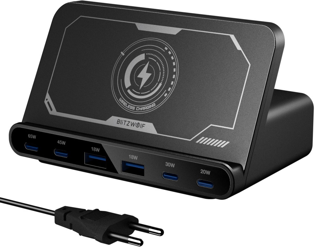 BlitzWolf BW-S27 160W Laadstation – 6 Poorten – USB-C PD & PPS – Draadloos Opladen tot 15W – Snellader – EU Stekker – Zwart