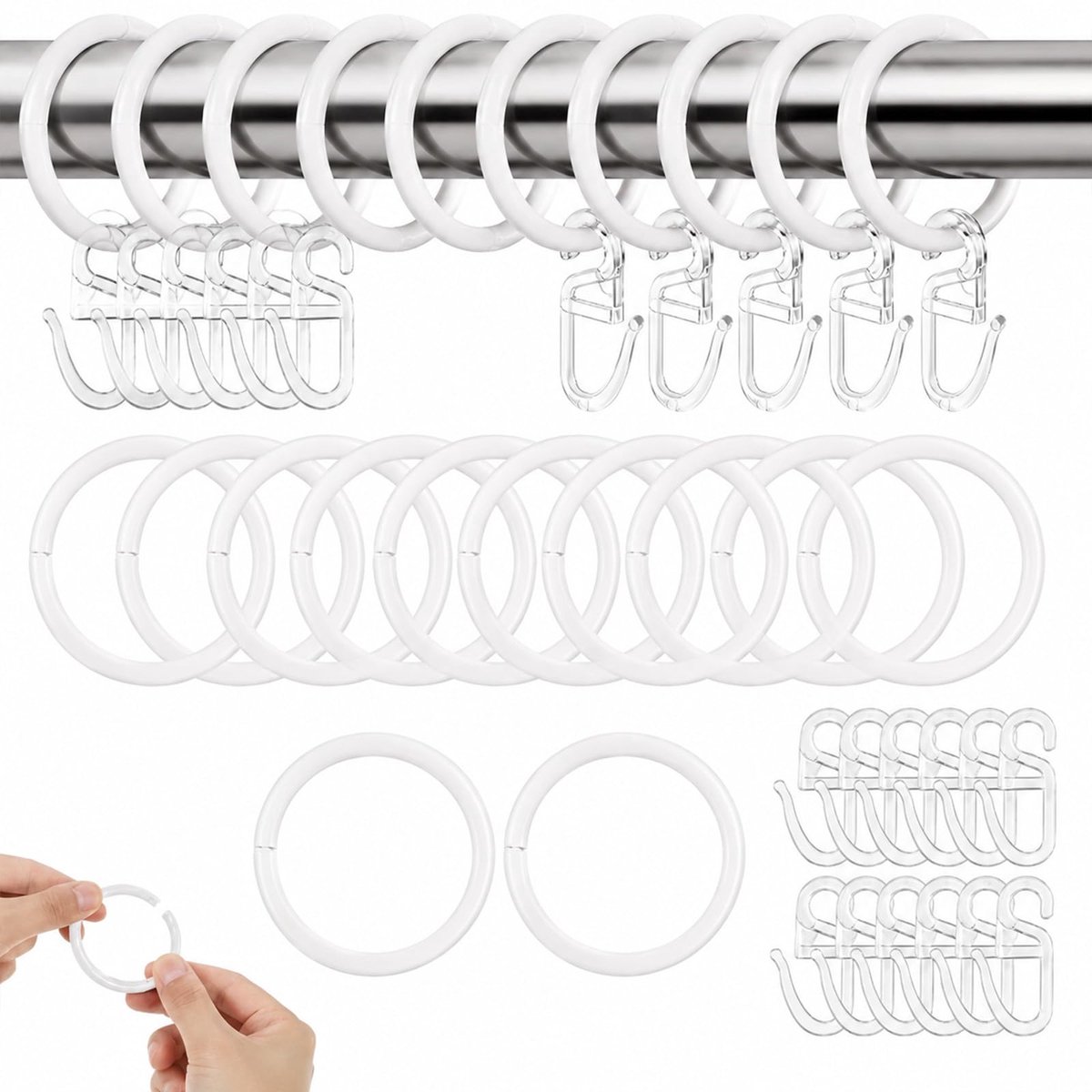 Set van 200 Transparante Gordijnringen met Haken, 100 Kunststof Ringen 32 mm Binnendiameter en 100 Duurzame - ShopVlot