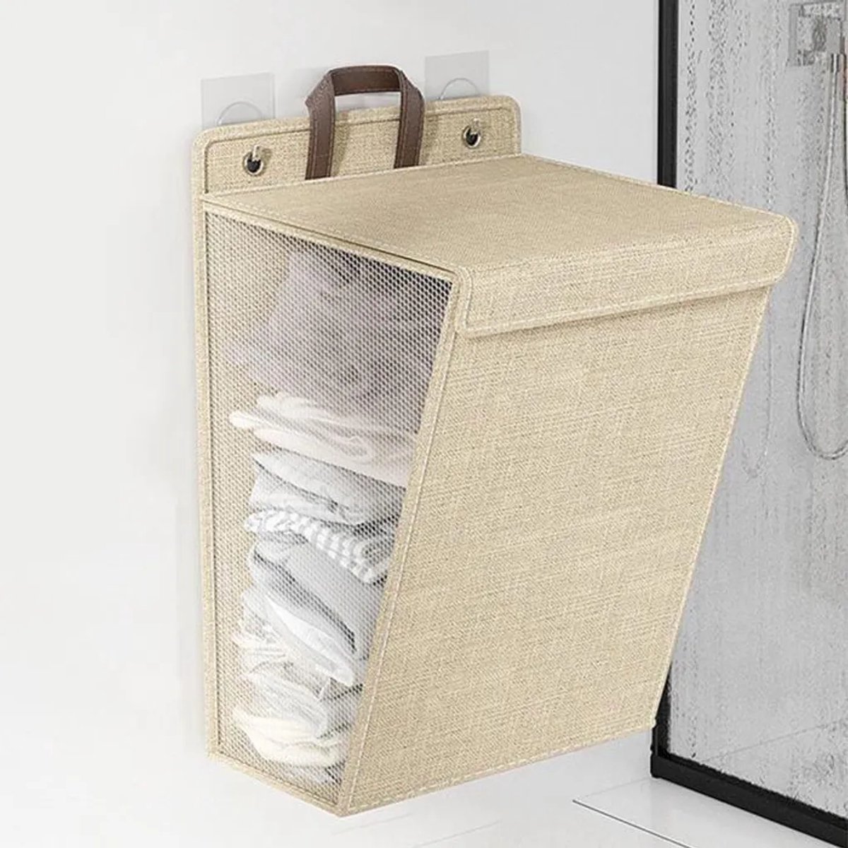 Hangende wasmand, opvouwbare wasmand Geschikt voor aan de muur, wasmand Geschikt voor vuile was, ruimtebesparende opbergmand, beige, maat M, wasmand