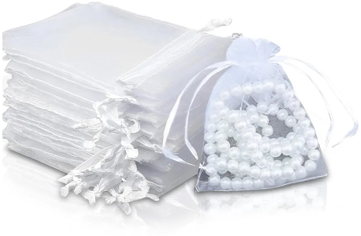 100 witte organzazakjes, middelgroot (10 x 15 cm), perfect als cadeauzakjes, sieradenzakjes of feestzakjes, Geschikt voor bruiloften, feesten, Kerstmis, verjaardagen en jubilea.