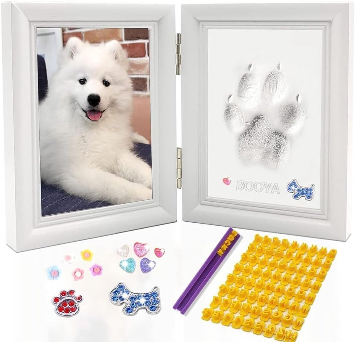 Famanu – Doe-het-zelf pootafdrukset voor honden en katten met 3D houten fotolijst, ideaal voor huisdiereigenaren, pootafdrukken fotolijst (wit)