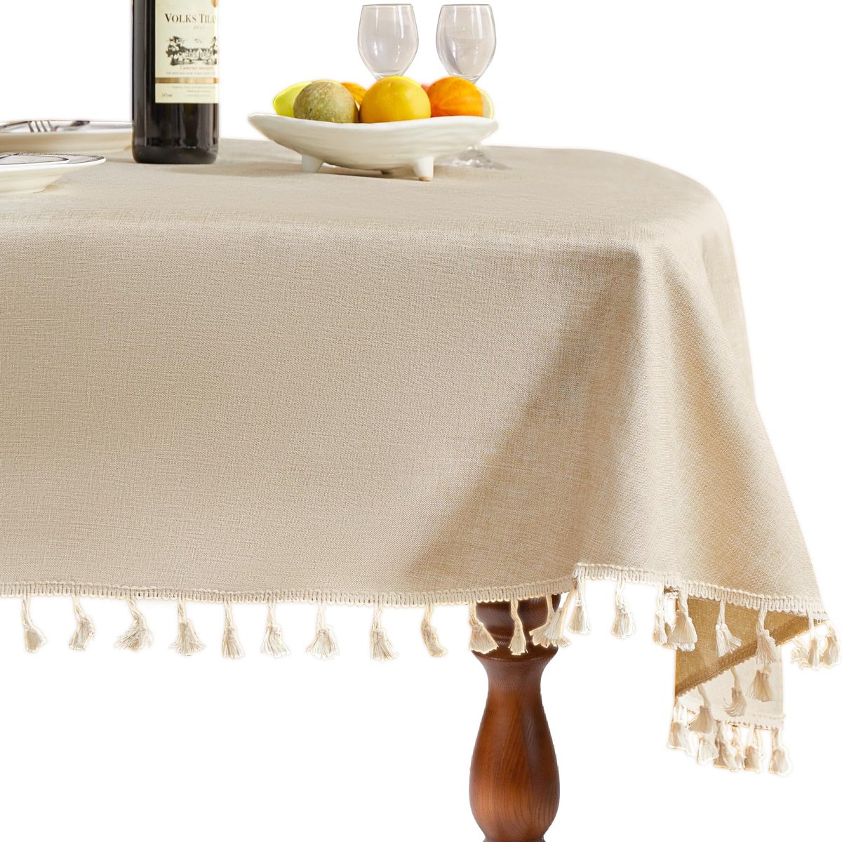 Famanu – Ovaal linnen tafelkleed van 140 x 180 cm in beige met kwastjes, voor keukens en eettafels