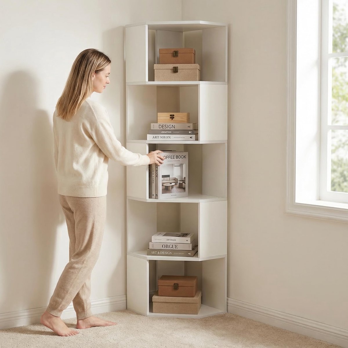 Famanu – Hoekrek met 5 verdiepingen, staand houten rek, horizontaal of verticaal te gebruiken, 40 x 40 x 159 cm