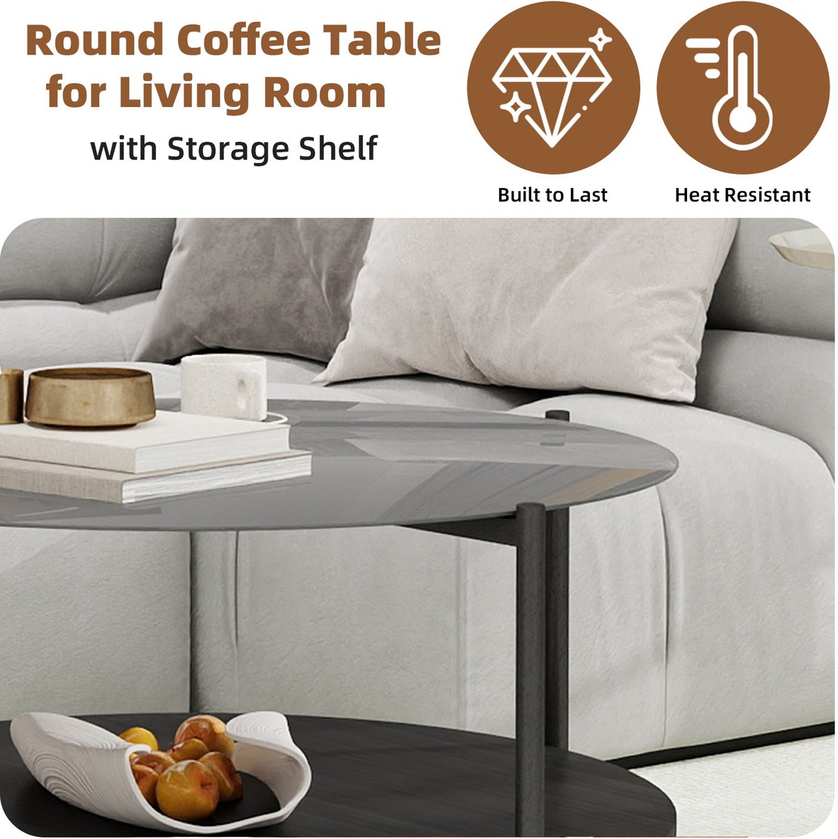 DESMIU Salontafel - Rond Dubbel Niveau Met Opbergruimte - Voor Woonkamer - Glas Hout Metaal - 82 x 82 x 45 Cm - Zwart