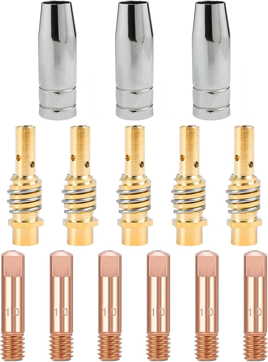 Accessoire set voor MIG/MAG lasmachine met 14 onderdelen, 6 contactpunten 1 mm M6, 5 diffusortips en 3 gasdoppen voor efficiënt lassen en precisiewerk