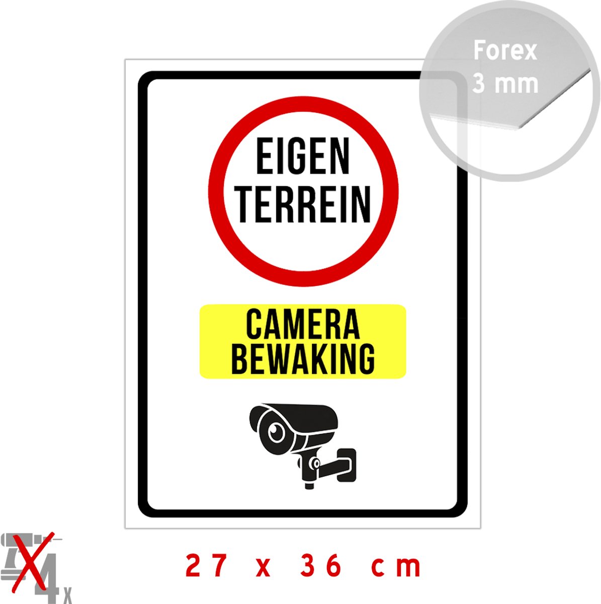 Pictogram/ bord | "Eigen terrein - Camerabewaking" | 27 x 36 cm | CCTV | Geen toegang | Privaat | Omheining | Domein | Kunststof | Camera | Hekken | 1 stuk