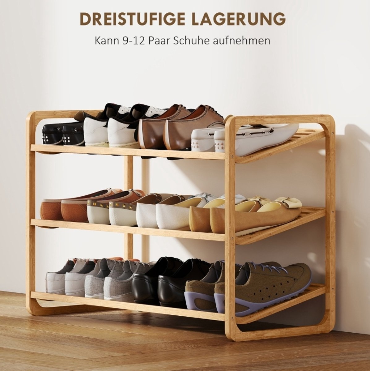 REDOM- Schoenenrek - Drie niveaus - Open structuur - Extra opbergruimte - Natuurlijke stijl - Hal - Bamboe - Natuurhout - 76 x 33 x 50,8 cm