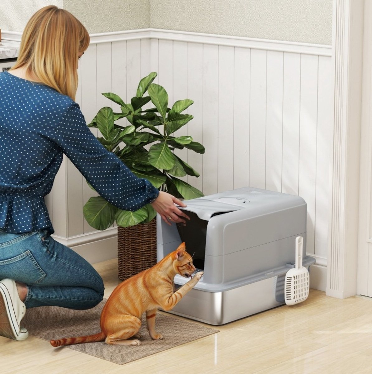 REDOM - Kattenbak - RVS binnenbak - Uitneembare deksel - Frontopening en filter - Met schep en handgreep - Gesloten uitvoering - Voor katten tot 6 kg - Grijs - 40,5 x 60,5 x 41,5 cm