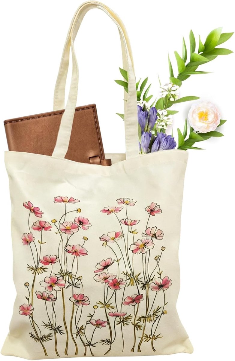 Herbruikbare Boodschappentas - Beige - 40 x 35 cm - Canvas Draagtas met Print - Voor Dames
