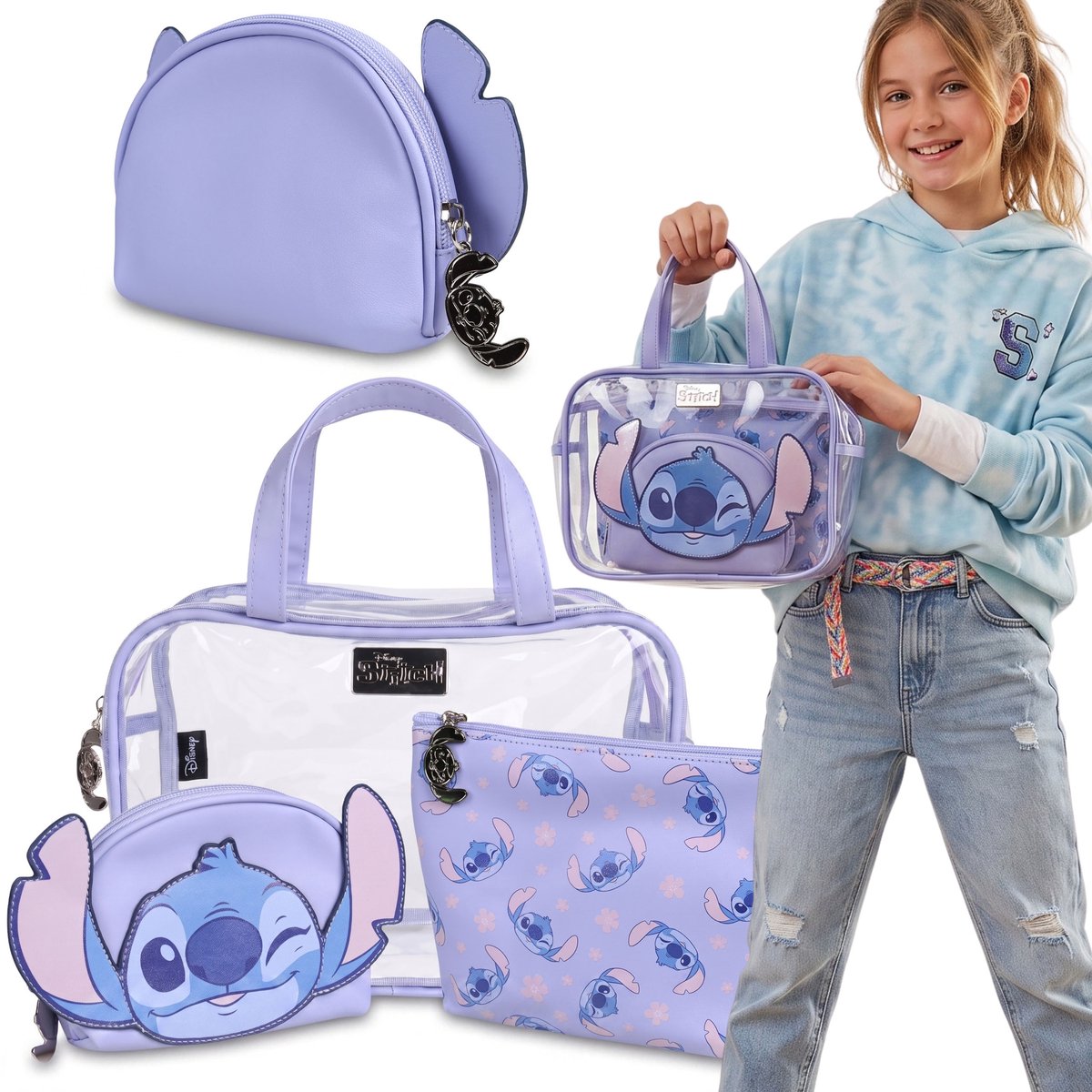 DISNEY Stitch Set van pastelpaarse reis-toilettasjes met ritssluiting, 3 stk., verschillende maten