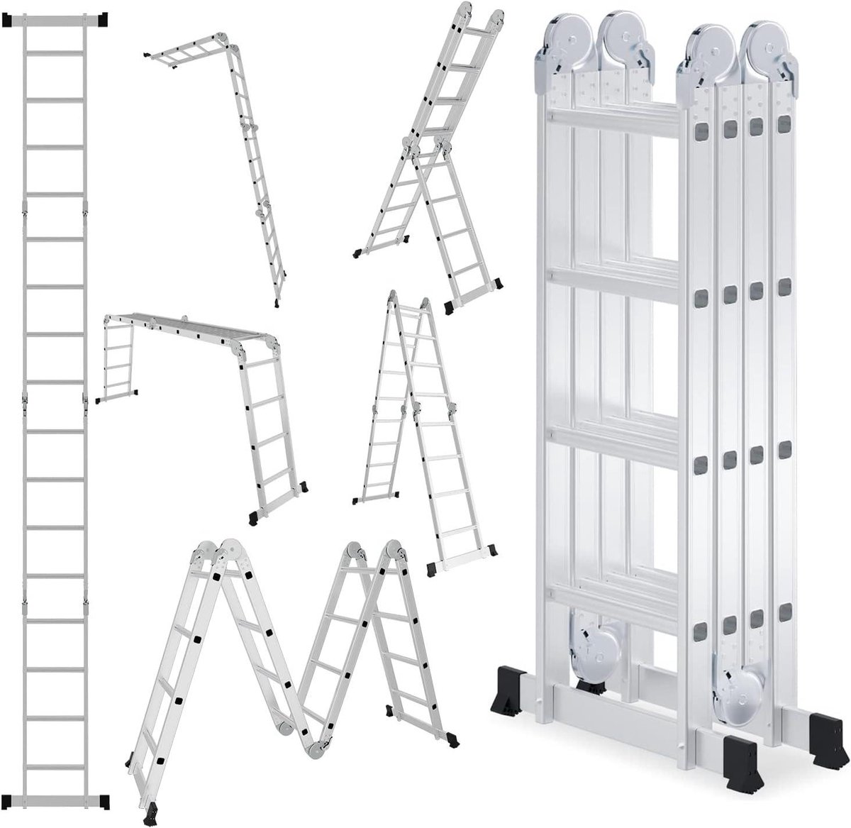 Multifunctionele ladder - Vouwladder met platform - Klus en onderhoud - 7-in-1 configuraties - 470 cm hoogte - Zilver