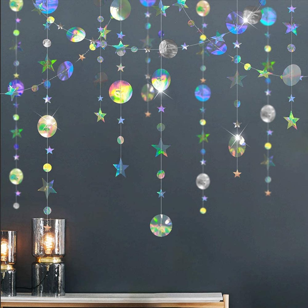 Decor365 Bling Bling iridescent Twinkle Star Garland Streamer Kit for Party Decorations Glitter Metallic Circle dot - ShopVlot