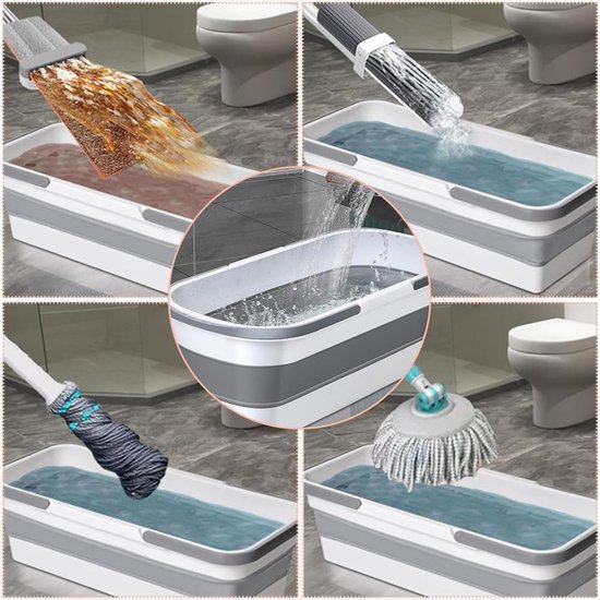 Opvouwbare Mop Emmer - Schoonmaak Kuip - Efficiënt Schoonmaken - Met Wielen en Wasbord - 12 Liter Capaciteit - Wit Grijs — afbeelding 2